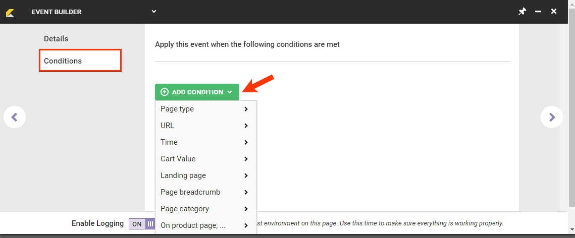 Callout of the ADD CONDITION button with a view condition categories