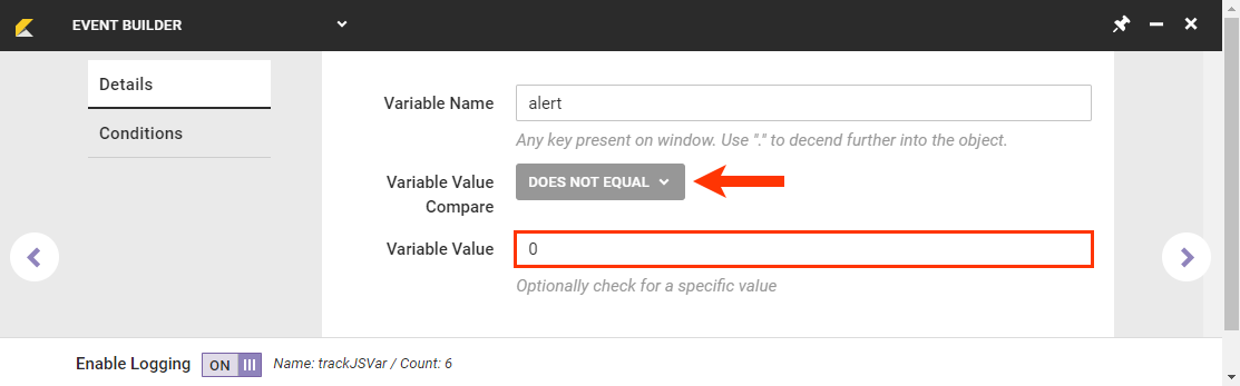 Callout of the Value Compare selector and the Variable Value field on the Details tab