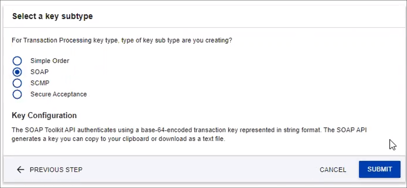 Pop-up for the user to select a key subtype