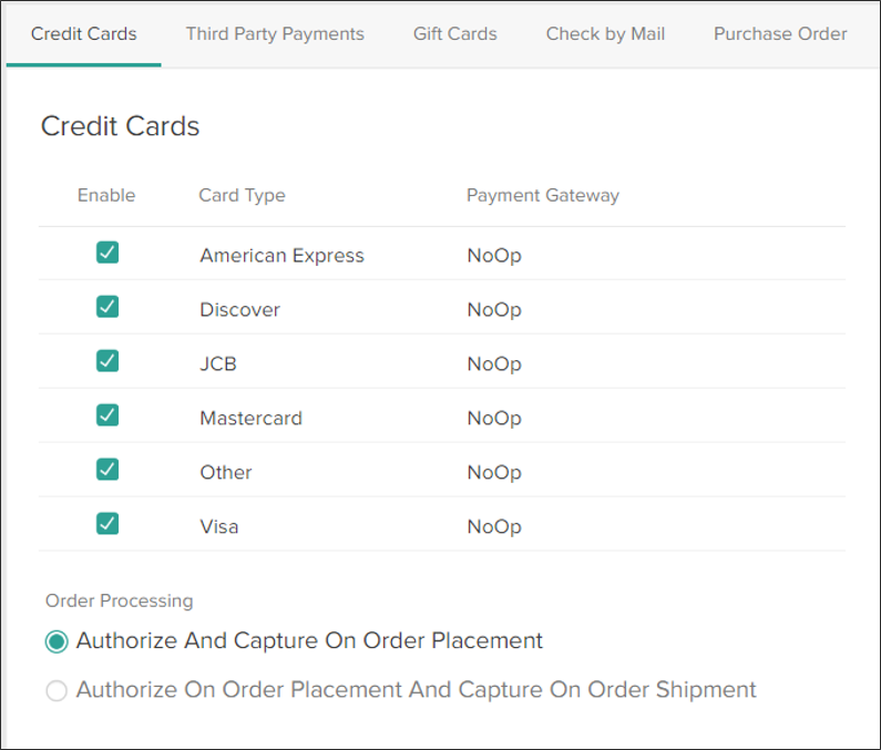 Close-up of the Credit Cards tab with all credit card types enabled