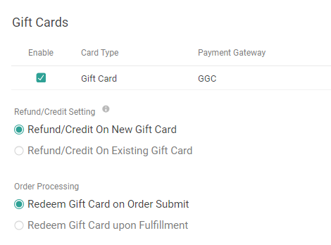 Close-up of the gift card enablement settings in Payment Type configurations