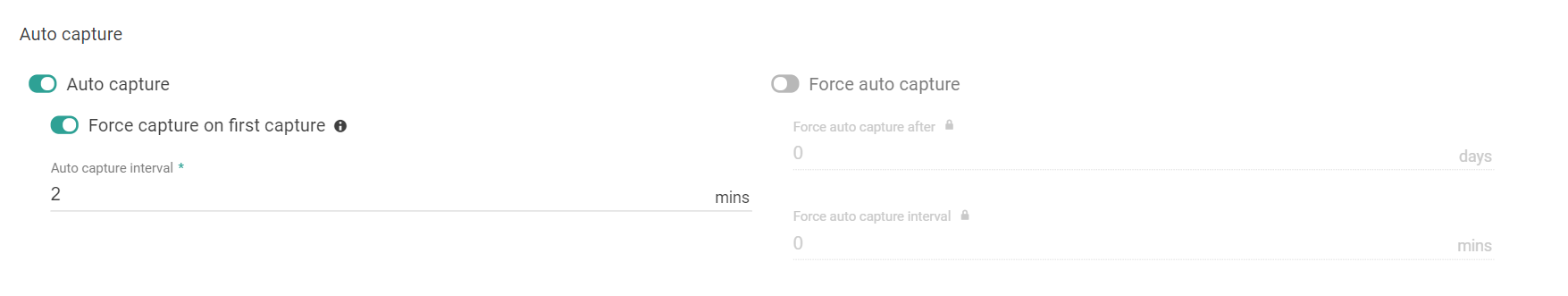 Auto capture settings with auto capture enabled