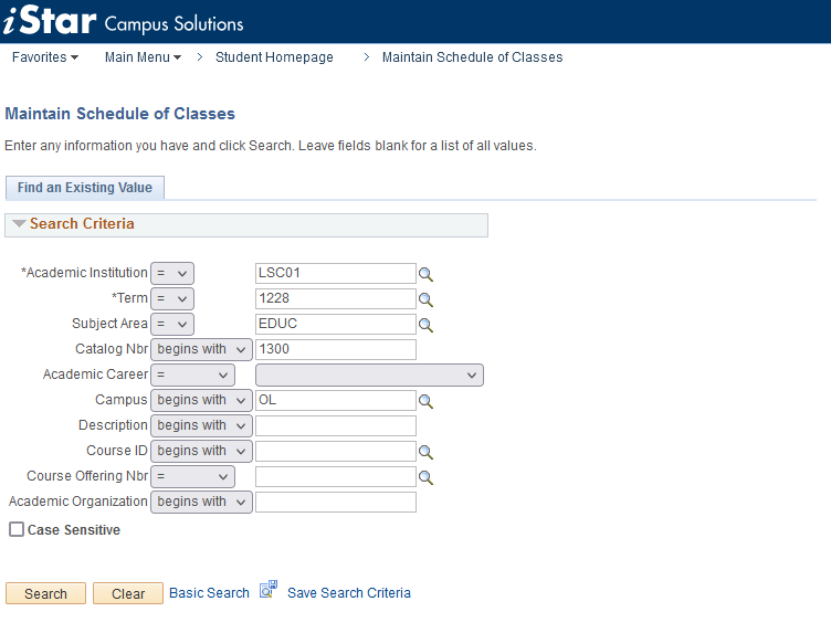 Shows the Maintain Schedule of Classes search options.