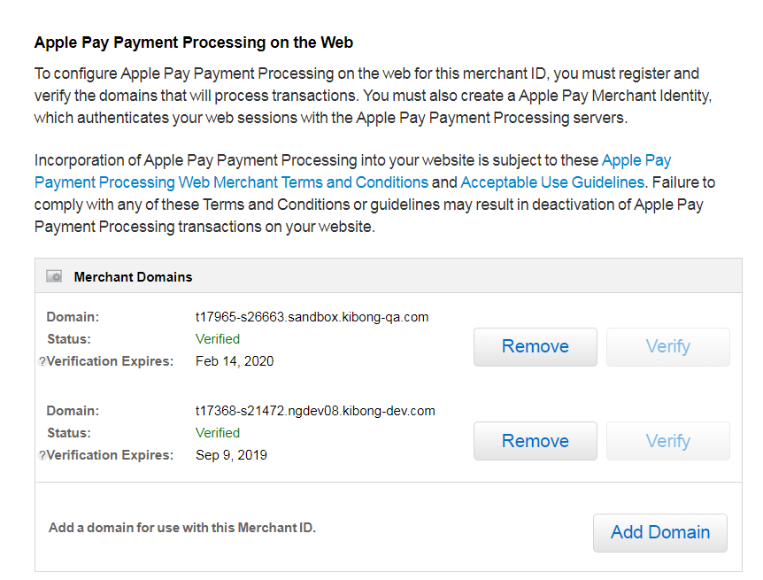 The Merchant Domains section of Apple Pay