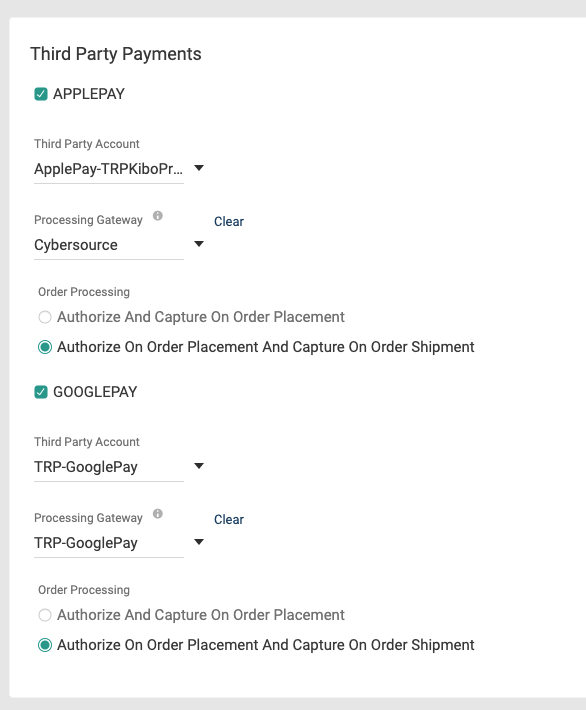 The Payment Types configuration page with APPLEPAY and GOOGLEPAY set up