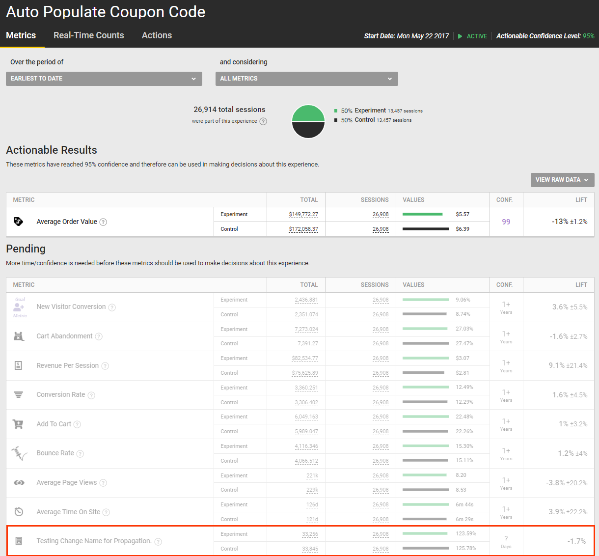 Callout of a custom metric in the Pending table on the Metrics tab of the Experience Results page