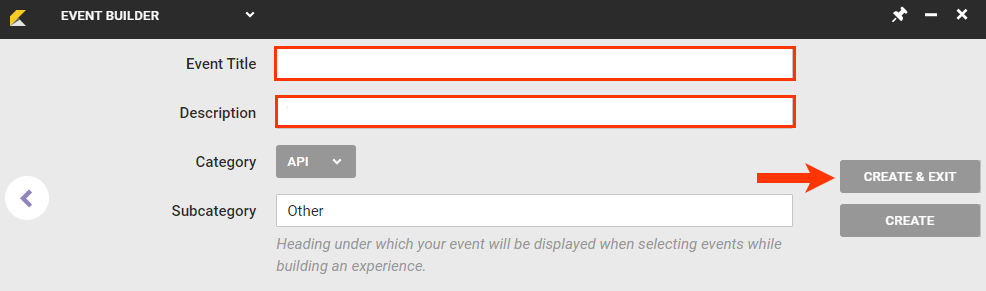 Callout of the Event Title text field, the Description text field and the CREATE & EXIT button