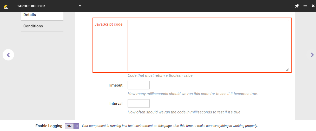 Callout of the JavaScript code field on the Details tab