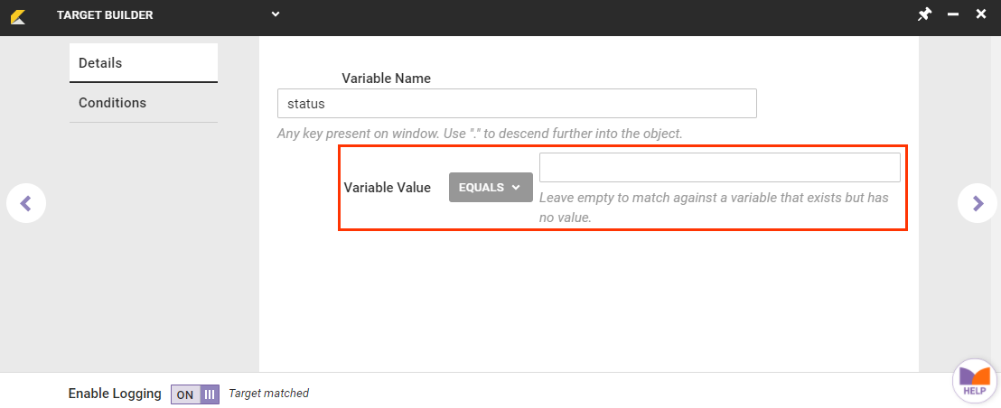 Callout of the Variable Value selector and field