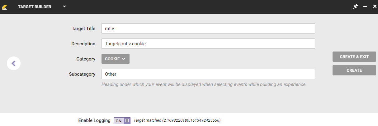 Example of a cookie target ready to be saved in Target Builder