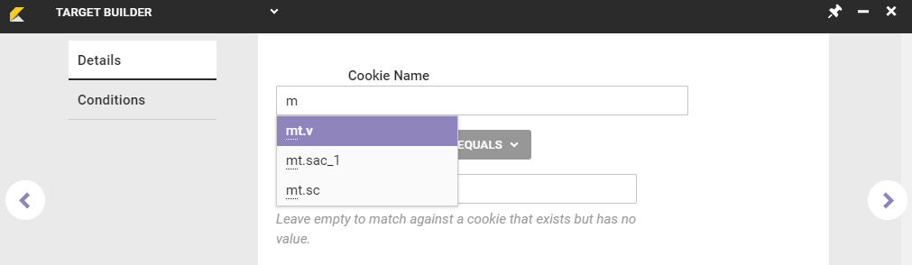 Example of predictive text of existing cookies in Target Builder