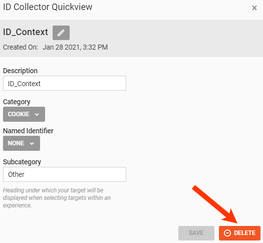 Callout of the DELETE button on the ID Collector Quickview modal