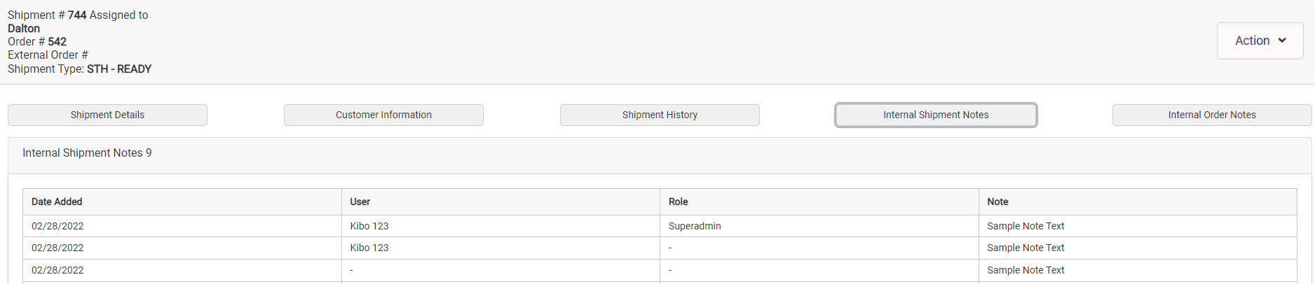 Example of a shipment details page