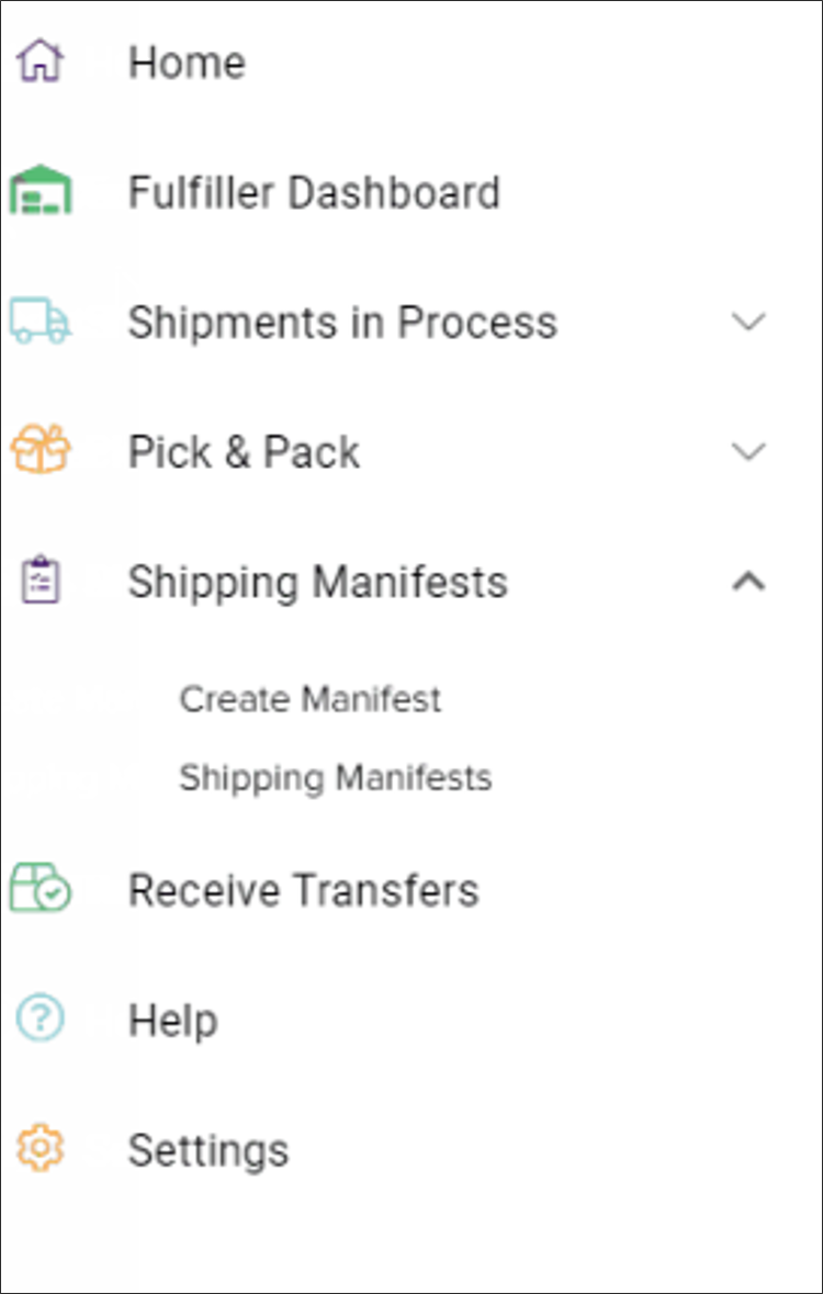 The Fulfiller navigation menu with the Shipping Manifests tab expanded
