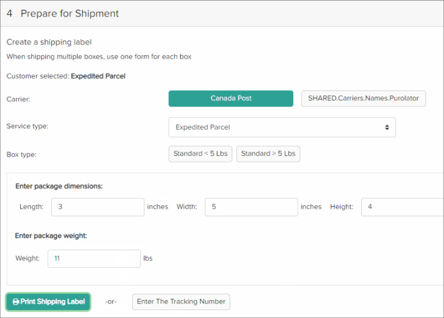 Example of the Prepare for Shipment step