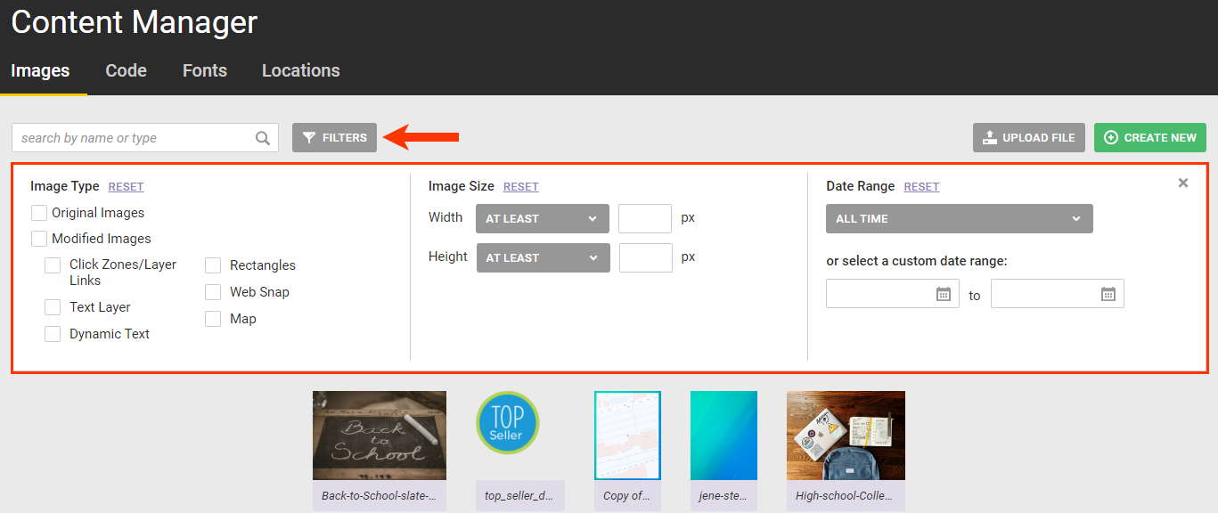 Callout of the FILTERS button and the toolbar of filter options on the Images tab of Content Manager