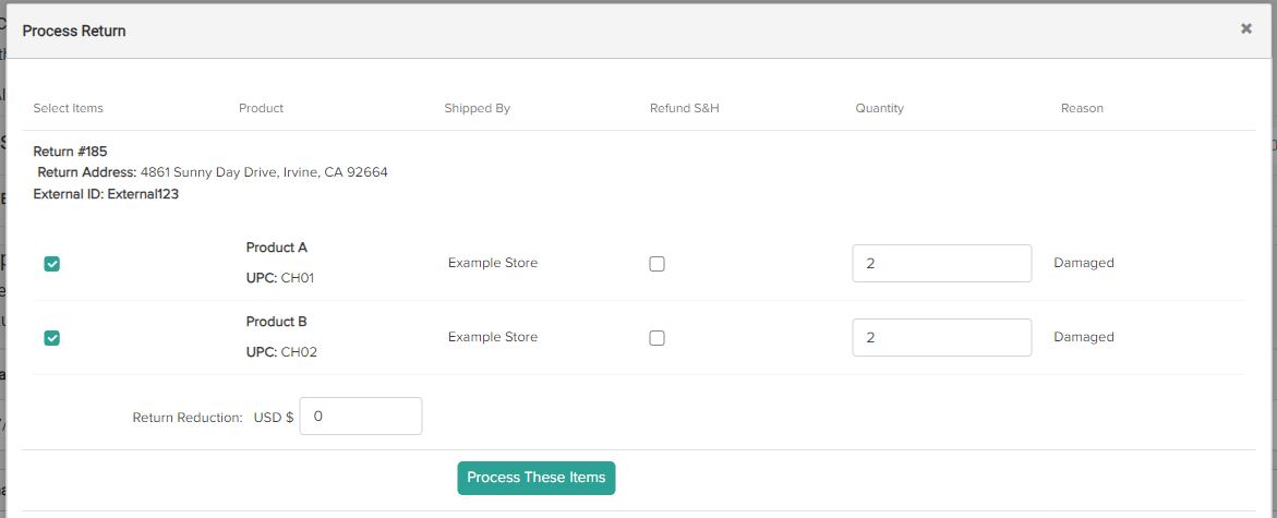 The return details module with a Process These Items button