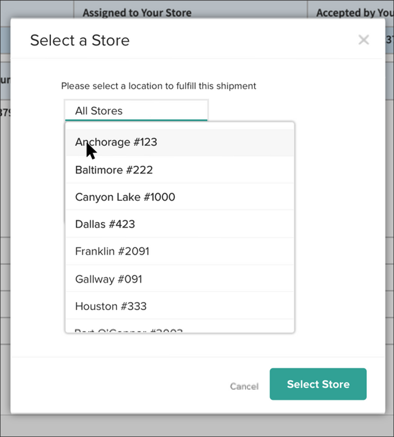 Pop-up prompting the user to select a store from a list of available locations