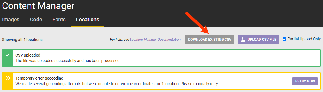 Callout of the 'DOWNLOAD EXISTING CSV' button on the Locations tab of Content Manager