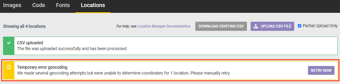 The Locations tab with the message 'Temporary error geocoding. We made several geocoding attempts but were unable to determine coordinates for 1 location. Please manually retry.'