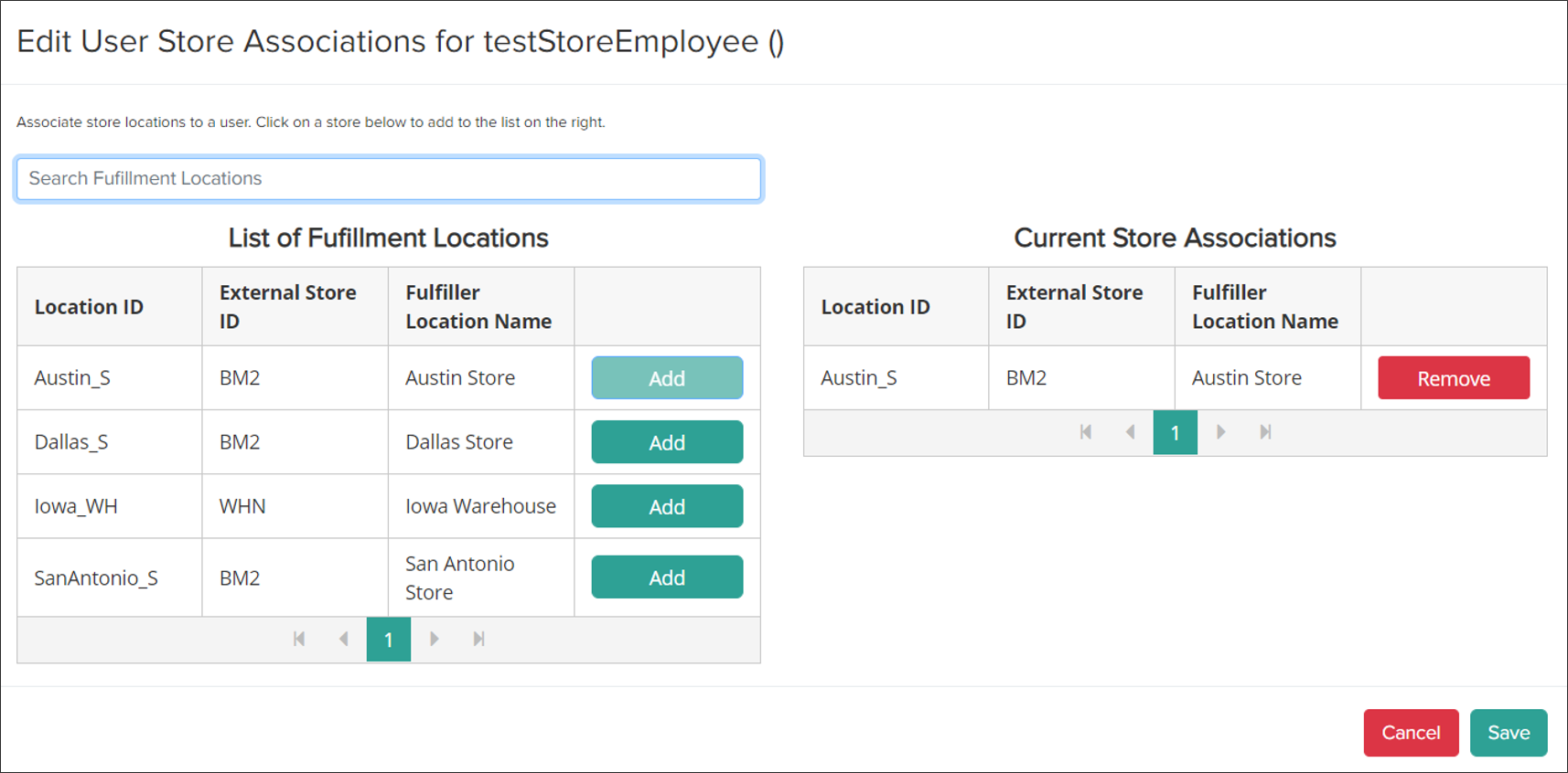 The Edit Store Associations module with an example location selected