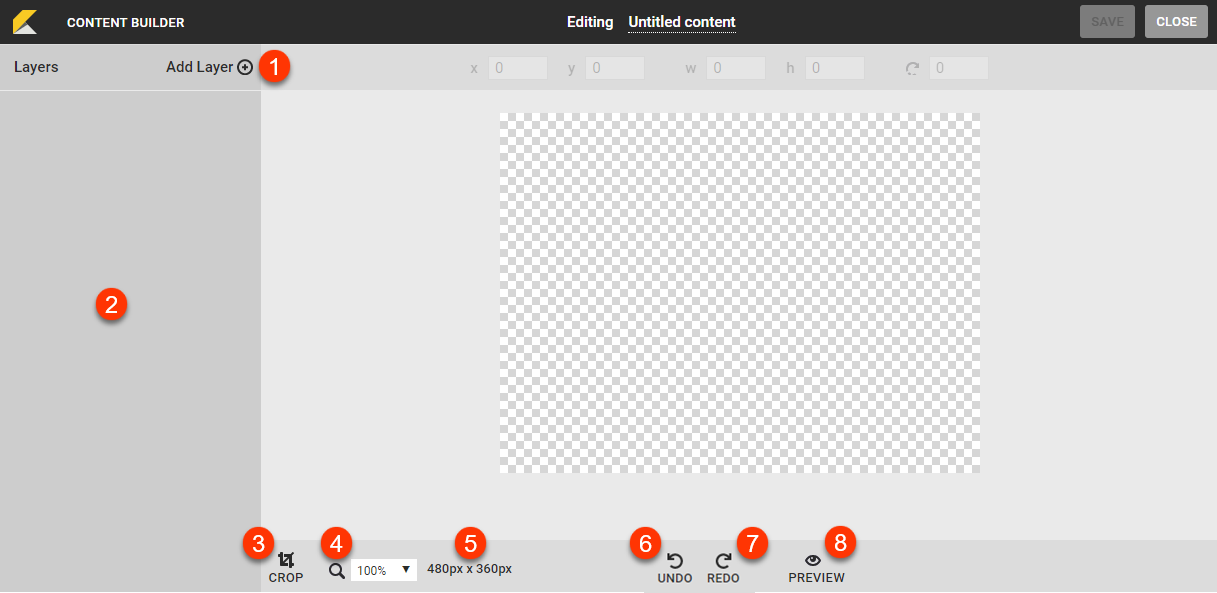 View of Content Builder with various tools numbered to correspond with the numbered list that follows this image