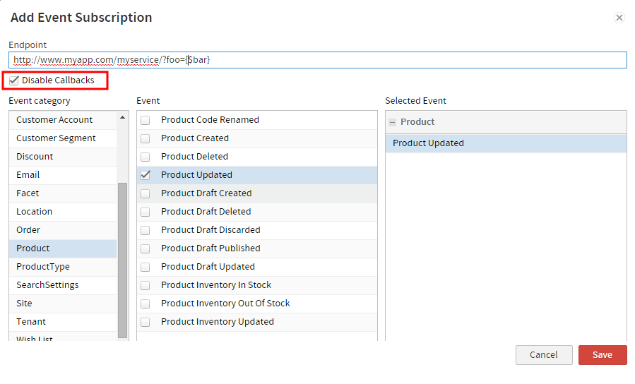 The Add Event Subscription module in Dev Center with a callout for the Disable Callbacks toggle