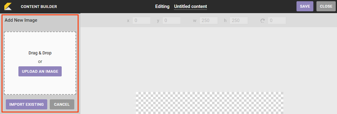 Callout of the 'Add New Image' options in the properties panel of Content Builder