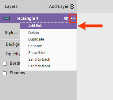 Callout of the addional options menu for a rectangle layer, with a callout of the 'Add link' option