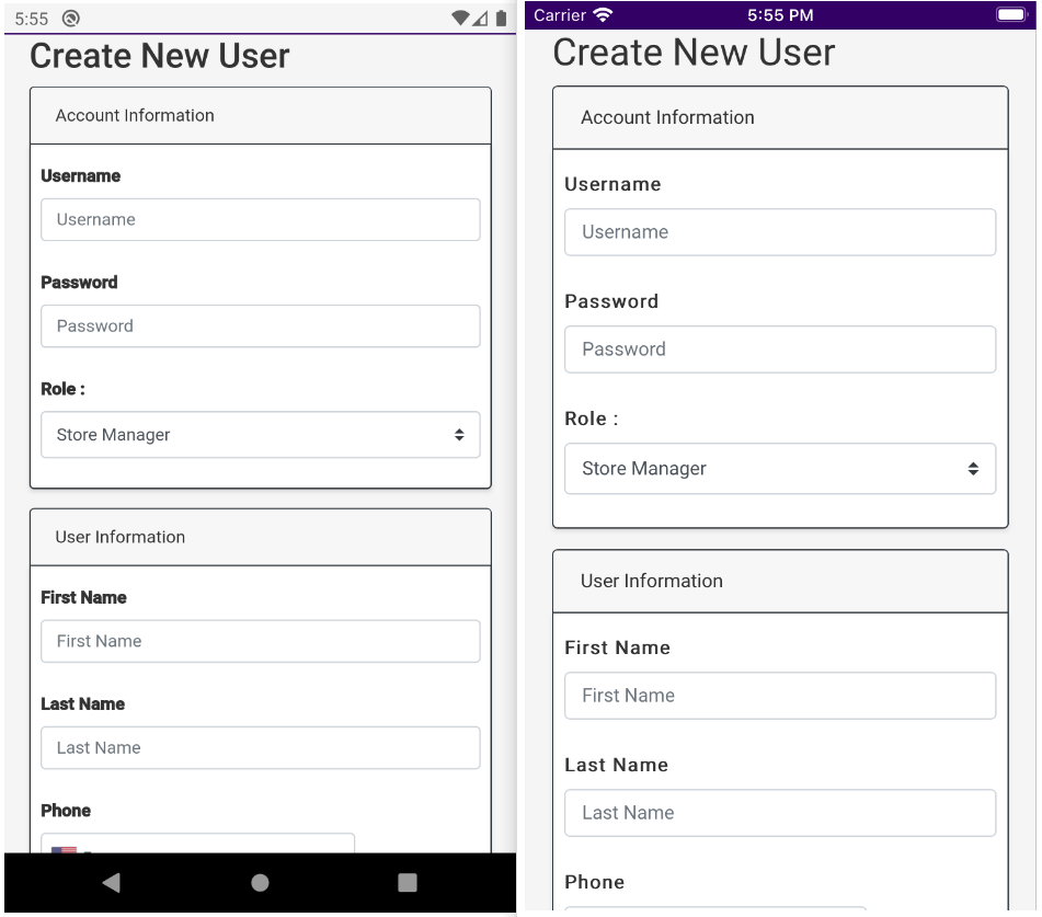 The Create New  User form on iOS and Android