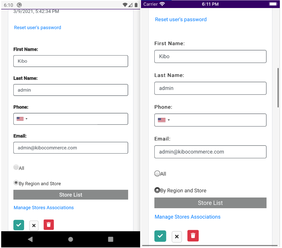 The user settings form on iOS and Android