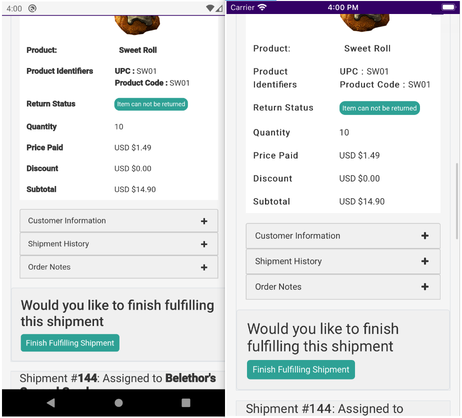 The Finish Fulfilling Shipment button on iOS and Android
