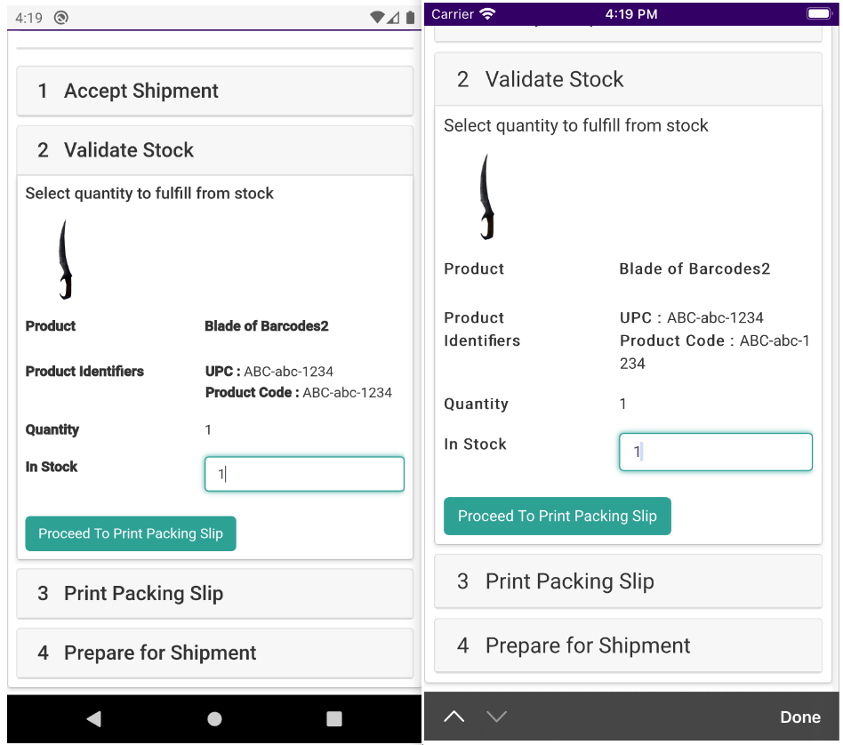 The Validate Stock step on iOS and Android with the Proceed to Print Packing Slip button