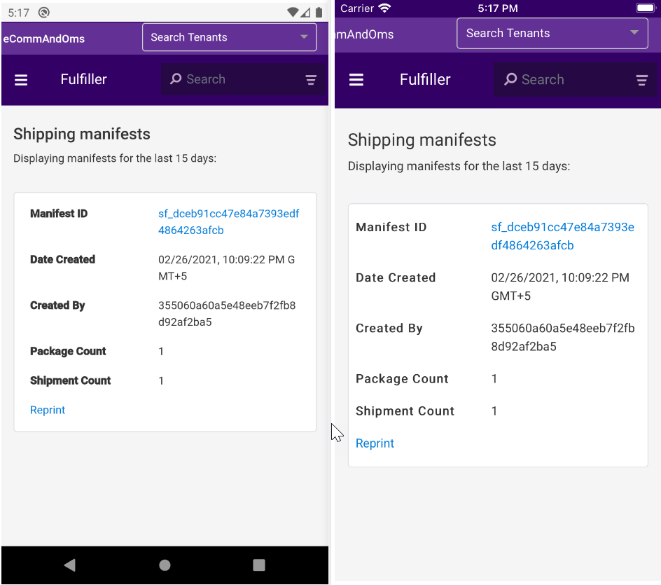 The Shipping Manifests page with manifest details on iOS and Android