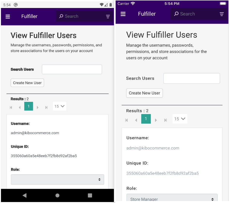 The Fulfiller Users page on iOS and Android