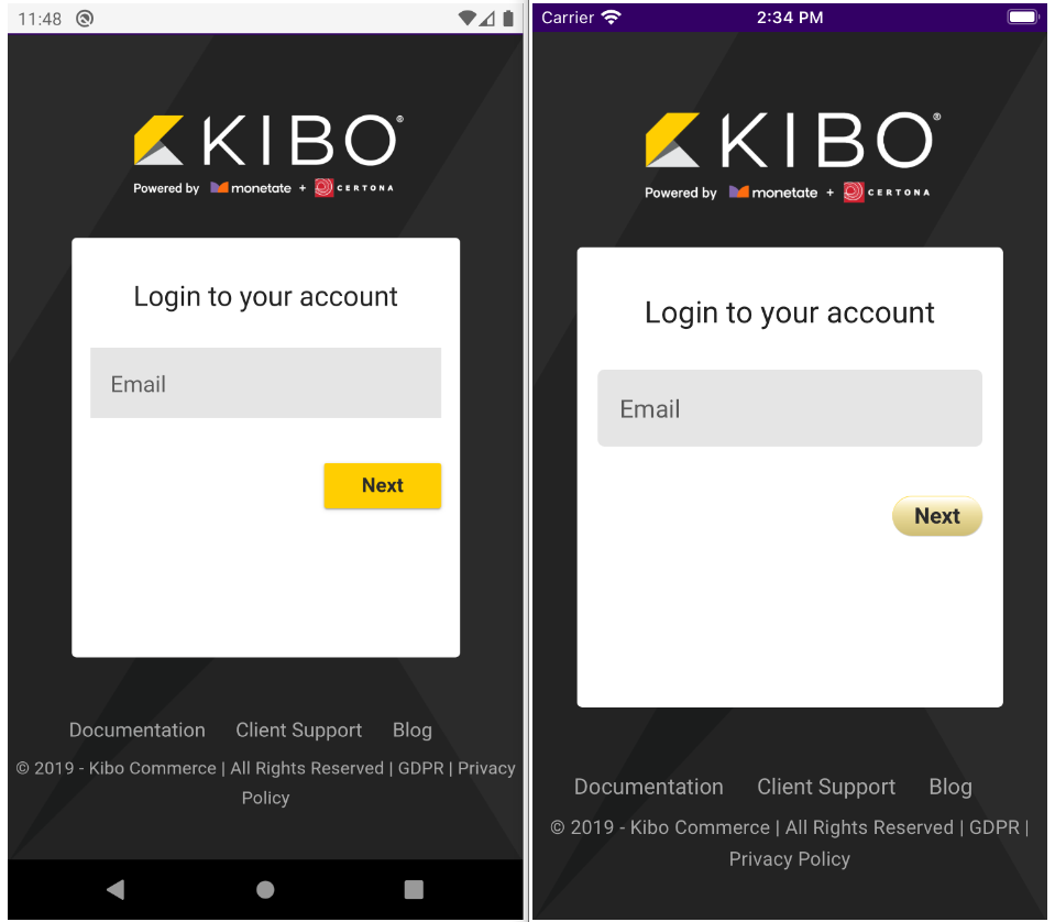 The login form on iOS and Android