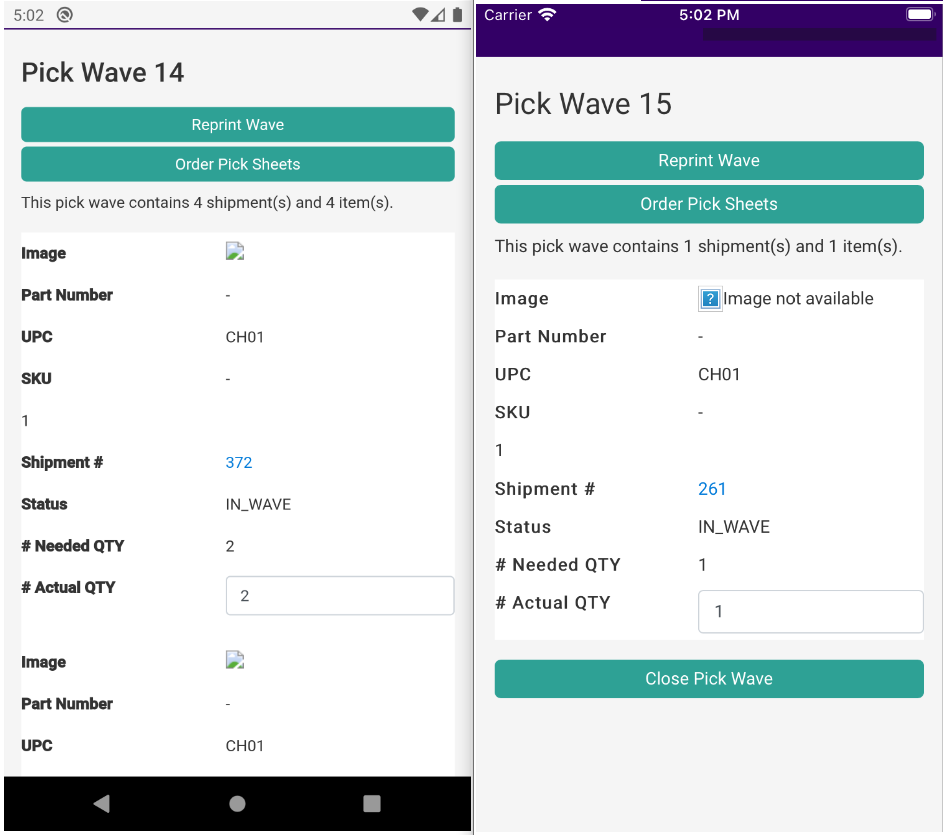 Pick wave details and the options for Reprint, Order Pick Sheets, and Close on iOS and Android