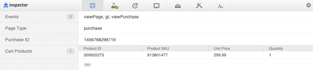 Monetate Inspector showing purchase in the 'Page Type' row and 'Product ID,' 'Product SKU,' 'Unit Price' and Quantity in the 