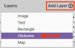Callout of the Add Layer selector and the Clickzone option