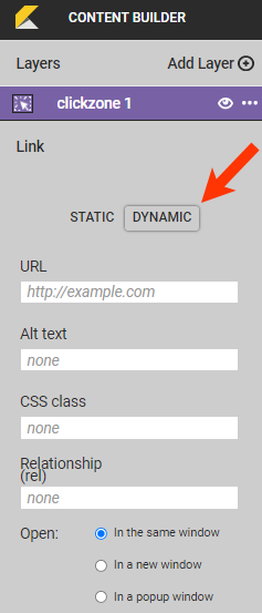 Callout of the DYNAMIC button in the Link section of the properties panel