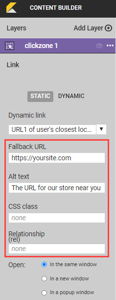 Callout of the Fallback URL field, the Alt text field, the CSS class field, and the Relationship field