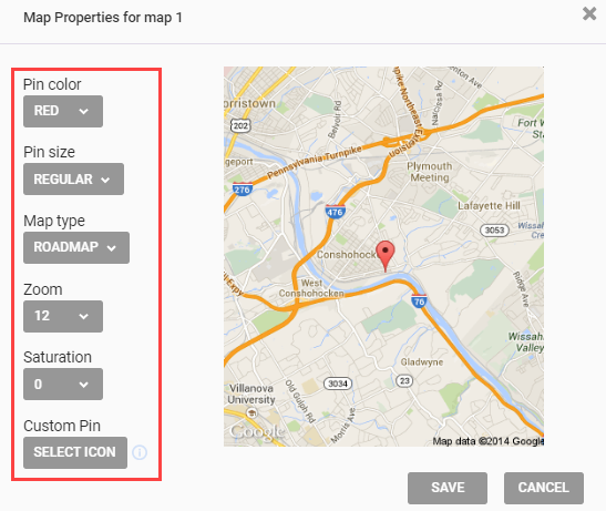 Callout of the configuration settings on the Map Properties modal