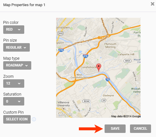 Callout of the SAVE button on the Map Properties modal