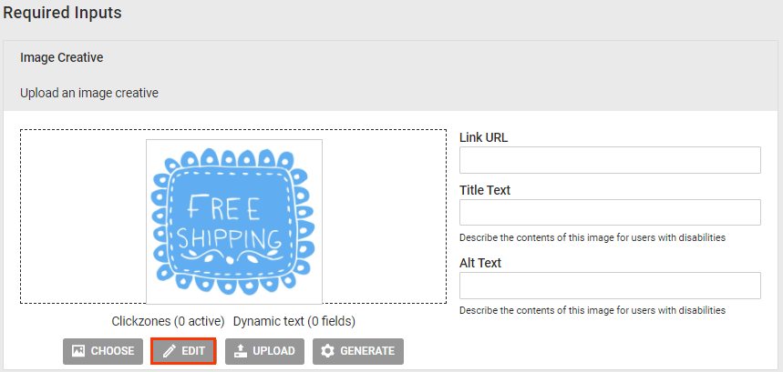 Callout of the EDIT button on the 'Free Shipping Image' action template