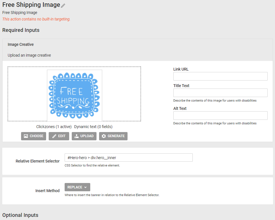 The Free Shipping Image action template showing the image with the click zone