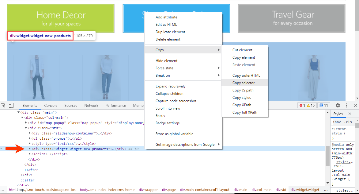 Callout of a pop-up with the CSS selector as well as the line of code in the Elements pane of Developer tools