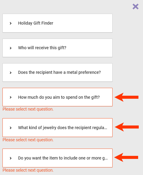 Callout of questions not linked to follow-up questions in the right-hand column of the Product Finder wizard