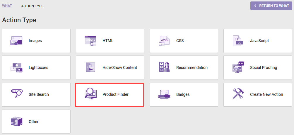 Callout of the Product Finder tile on the Action Type panel
