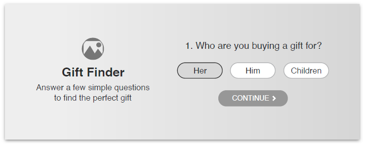 Example of a Product Finder questionnaire container showing a question and buttons that contain the answer options
