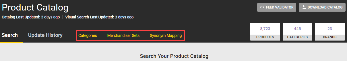 Callout of the Categories, Merchandiser Sets, and Synonym Mapping links